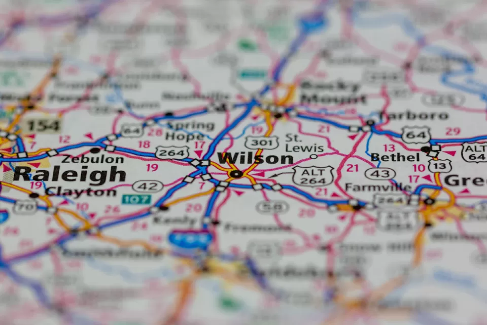 Close-up of road map showing Wilson, North Carolina